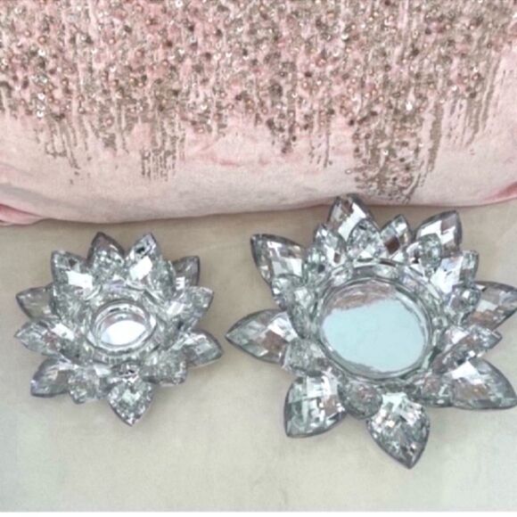 Set of 2 Silver and Clear Crystal Lotus Votive Candle Holder - Picture 2 of 10